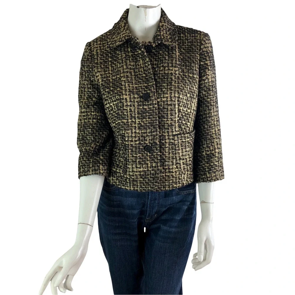 MICHAEL Michael Kors MK Size 8 Gold Tweed Wool Blend Cropped Blazer Lined - Picture 3 of 8